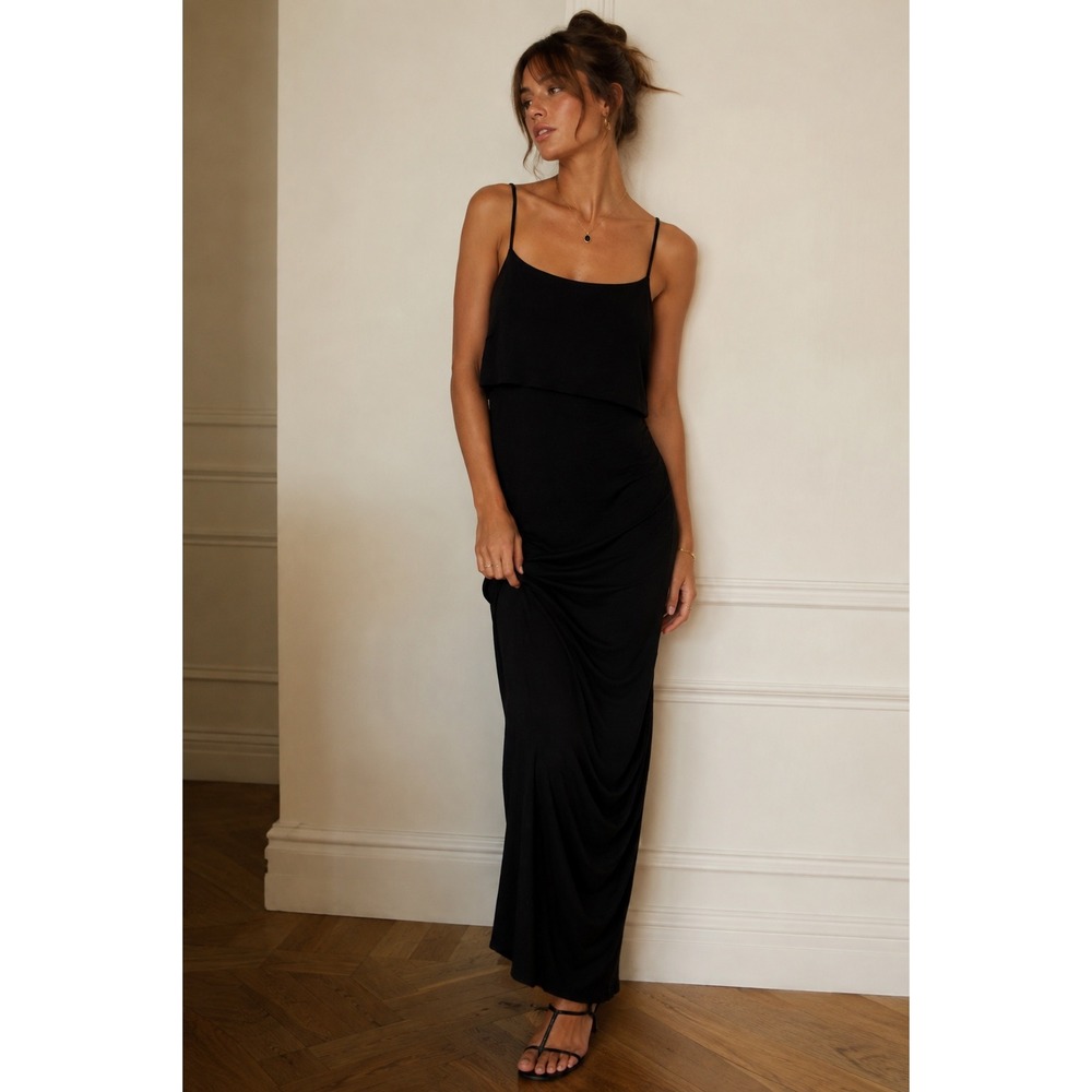 Anthropologie Black Lace Up Back Ruched Maxi Layered Bodice Spaghetti Straps